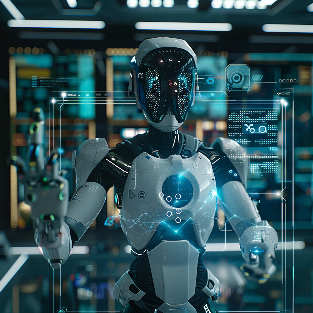 Cinematic Still, Rising AI Figure Amidst Media Symbols, Futuristic Office with Robotic Arms and Screens, Monochromatic Blue with Neon Accents, Shot on Canon EOS 5D Mark IV with 24-70mm Lens, Low Key Lighting with High Contrast, Rule of Thirds with Focused Centre, AI Figure - Holographic, Subtle Mesh Grid in Background, Adjustment Parameters: ISO 100, F/2.8, 1/200 sec.