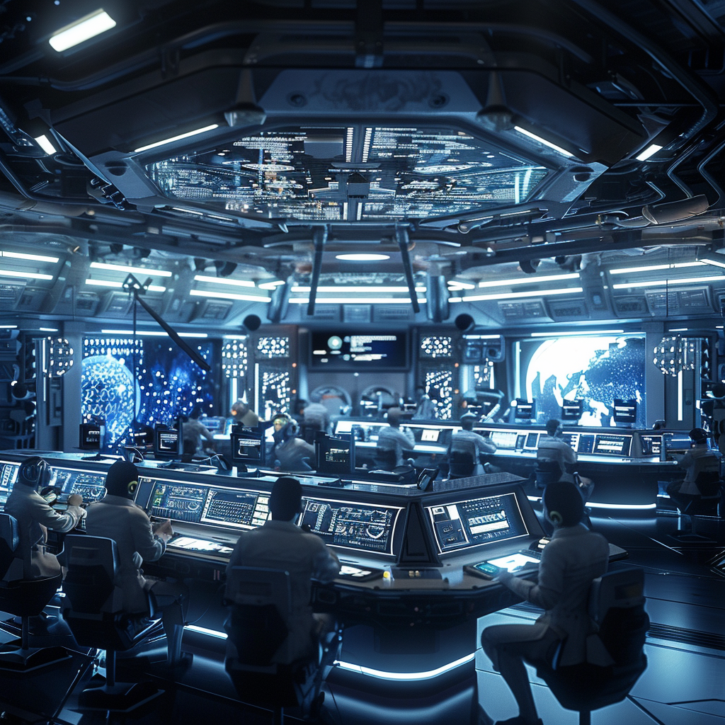 Landscape Orientation, Futuristic Control Center filled with AI Technology, Bustling Space Station Setting, Monochromatic Scheme with Blue Accents, Shot on Canon EOS 5DS R with EF 24-70mm f/2.8L Lens, Low-Key Lighting, Rule of Thirds Focused on Mid-ground Human-AI Interaction, Noticeable Contrast of AI dominance and Human determination for control, Subjects: Human operators, AI Bots and interfaces, [Depth of field: f/2.8, shutter speed: 1/200s, ISO: 400, Focal Length: 50mm]