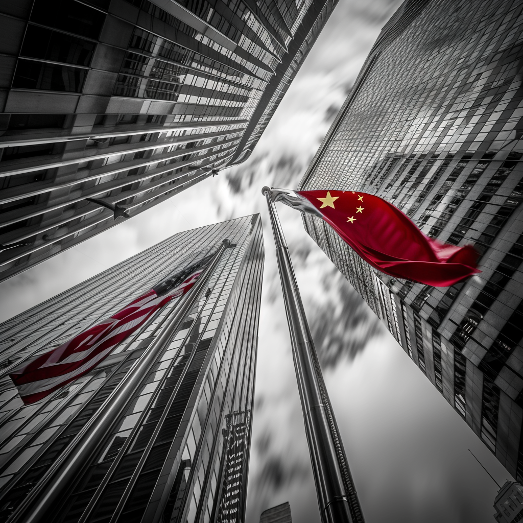 Wide-angle shot, U.S. and Chinese flags against high-tech cityscape, Urban Environment, Monochrome with blue and red accents, Canon EOS 5D Mark IV with EF 17-40mm f/4L USM lens, High-Contrast Lighting, Leading lines drawing towards flags, Hint of Silicon Valley assets, Chinese tech symbols., Aperture: f/4.0 - Exposure Time: 1/320 sec. - ISO: 400 - Focal Length: 17mm - Metering Mode: Partial, Balance between Cold-Warm Colors. High Molecular tension in the air. Digital, Futuristic.