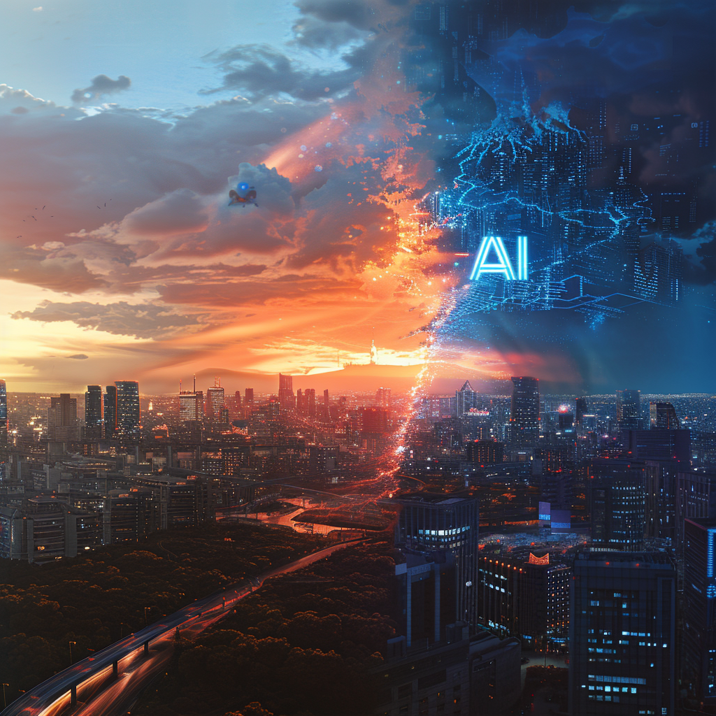 Panoramic Landscape Shot, AI Symbol Superimposed on Climate Change Battle Scene, Urban Metropolis with Extreme Weather Conditions, Cool Blue and Warm Orange Tones, Shot with Canon EOS 5D Mark IV with EF 24-70mm f/2.8L II USM, Natural and Artificial Light Sources, Rule of Thirds Composition, Sky Dominated by Imposing AI symbol, High Contrast, Sharp Focus, RAW format, ISO 100, f/11, 1/200 sec.