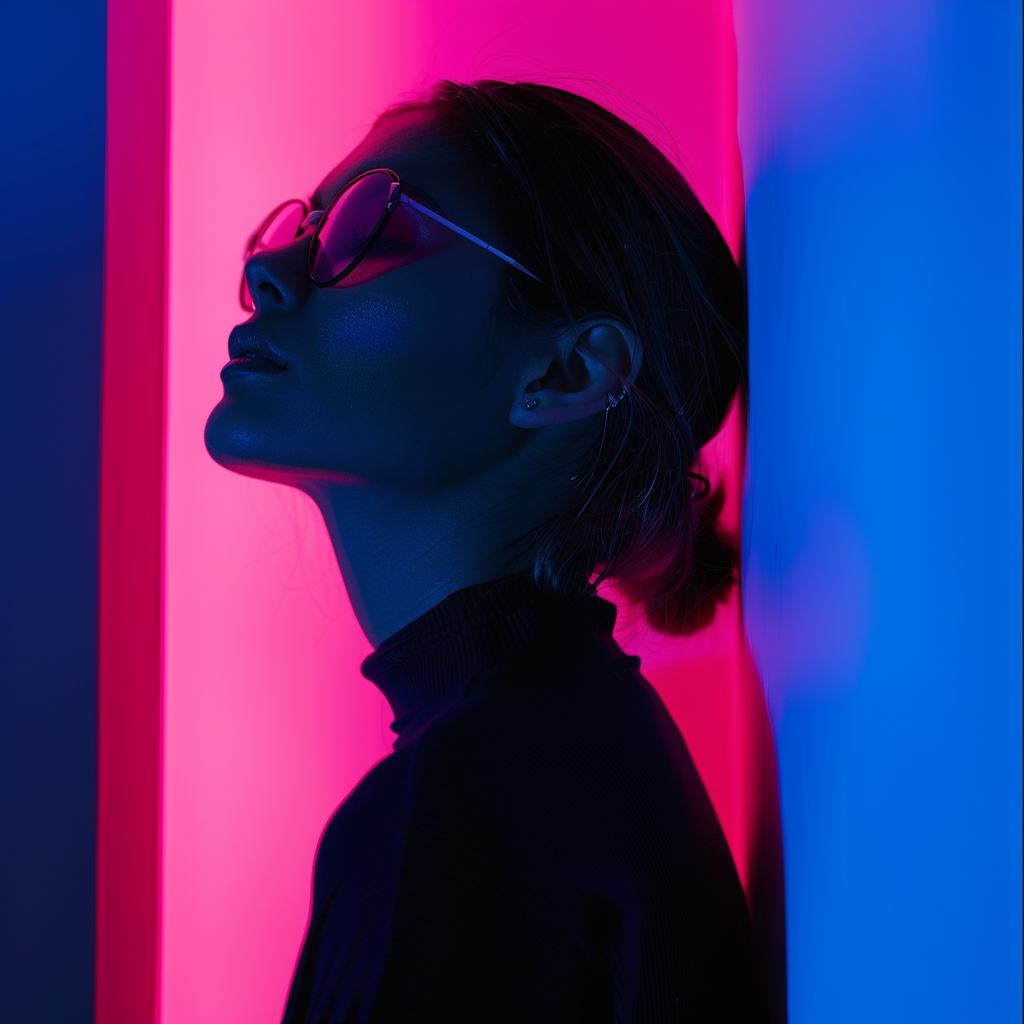 16:9 Cinematic Portrait, Dynamic Interplay of AI and Human Creativity, High-tech Design Studio, Monochromatic Blue to Fuchsia Gradient, Canon EOS 5D Mark IV/Fujinon XF16mmF1.4 R WR, Diffused Under Benbox Godox S30, Diagonal Balance across the frame, Sketches and Mockups surging from AI brain into Human Designer, Details: meticulous code lines, vibrant GUI, vinyl wrap, parameters: 100% sharpness, ISO 100, f/1.4, 1/200s.