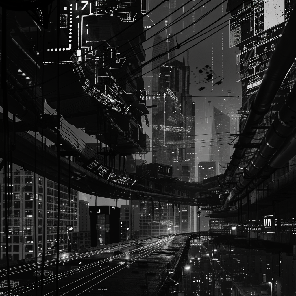 Cinematic Panorama, Rising AI Technologies Clashing with Authenticity Symbols, Futuristic Urban Environment with Traditional Artistic Subtext, Grayscale with Neon Accents, Canon EOS 5DS R with EF 50mm f/1.2L USM lens, ISO 400 f/8 1/50, Low Key Lighting with High Contrast, Shot at Eye Level, Depth of Field focused on Central Dichotomy, Rule of Thirds employed, Slightly Desaturated for Surreal Effect, Use of Leading Lines from AI Symbols to Authenticity Symbols, details include abstract representation of AI (binary code, circuitry diagrams) and authenticity (paintbrushes, handwritten notes), parameters define the clash as visually intense, contrasting zones, Noise Reduction set to High.