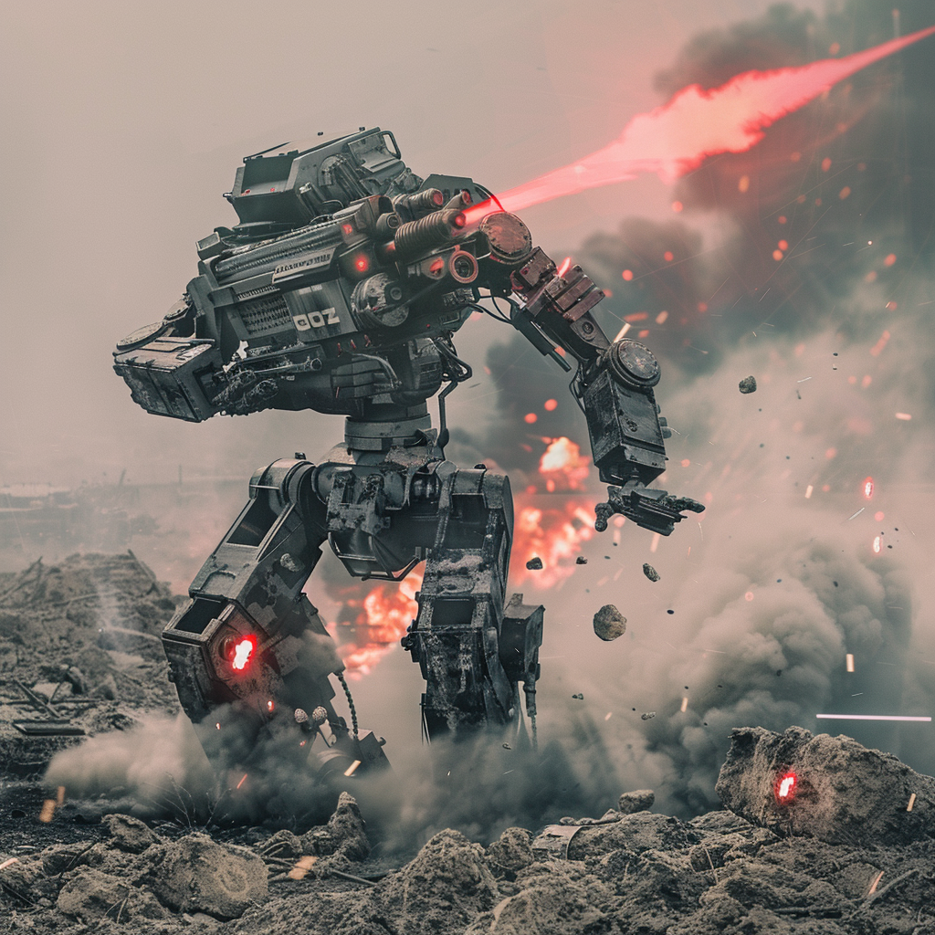 Panoramic Shot, Advanced Robotic AI in Military Action, Battle Scenario, Muted Monochromatic Tones with Selective Red Highlights, Nikon D850 fitted with an AF-S NIKKOR 14-24mm f/2.8G ED Lens, High Contrast Harsh Lighting, Rule of Thirds with AI Tactical Unit locked in Focal Point, Shutter Speed 1/1000s, f/2.8, ISO 800, Saturation decreased to underpin the severity, Grain amplified for raw warfare ambiance.