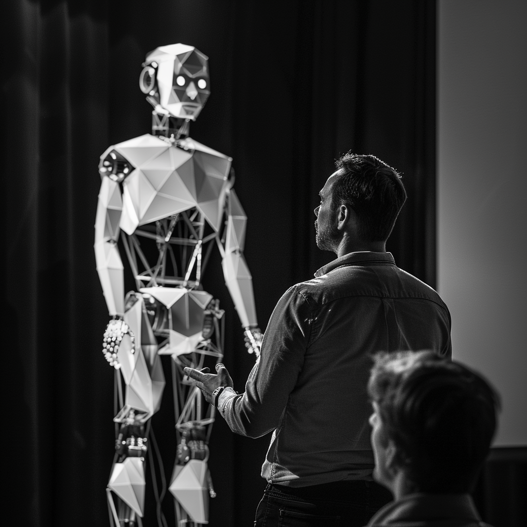 Conceptual Art Photography, Humans vs AI in a debate, Tech Conference Stage, Monochrome greys with bold standouts of primary colors, 50mm f/1.4G Lens, Nikon D810, Low-Key dramatic side lighting, Rule of Thirds applied, Man against AI on stage, Humans with expressive faces, passionate gestures, AI composed of geometric abstract shapes integrated with algorithmic code, intensity contrast in middle ground, slight grain for vintage effect, ISO 200, Shutter Speed 1/200 second, Depth of Field shallow, AI visuals with minimum opacity & humans with maximum opacity for metaphorical representation, Include vignette.