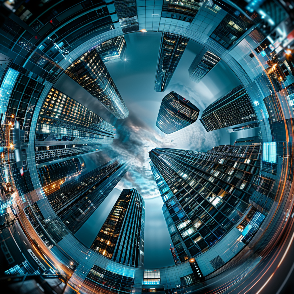 Panoramic Shot, Futuristic cityscape undergoing transformation by AI, High-tech urban environment, Predominantly metallic silver with bursts of electric blue, Shot on Canon EOS 5D Mark IV with EF 16-35mm f/2.8L III USM Ultra-Wide Zoom Lens, Soft diffused lighting with high contrast shadow effects, Frame divided into thirds, Skyscrapers curvature mimicking waveform, Use strong Rule of Thirds and Diagonal Lines composition, Burst of lens flare, Wide aperture, Long exposure for light trail effects, Include AI-influenced elements: Drones, Autonomous vehicles, Digital Interfaces.