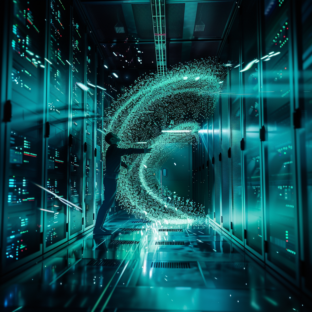 Conceptual Photography, Human figure battling against digital wave, Inside Massive Server Room, Monochromatic with Bits of Neon Blue and Green, Nikon D850 with NIKKOR 14-24mm f/2.8G ED Ultra Wide-Angle Zoom Lens, Low Key Lighting with Occasional Light Bursts, Rule of Thirds with subject on the left, Slight Motion Blur on Digital Wave, Filters: Smart Sharpen, Noise Reduction, DOF: f/3.5, Exposure Time: 1/200 sec., ISO-1600, White Balance: Auto, Graduated Neutral Density Filter Applied on Upper Third. Parameters: High Dynamic Range, Deep Contrasts, Grainy Texture for Digital Parts, Smooth Texture for Human Figure, Reflections on Server Towers, Glowing Digital Wave.