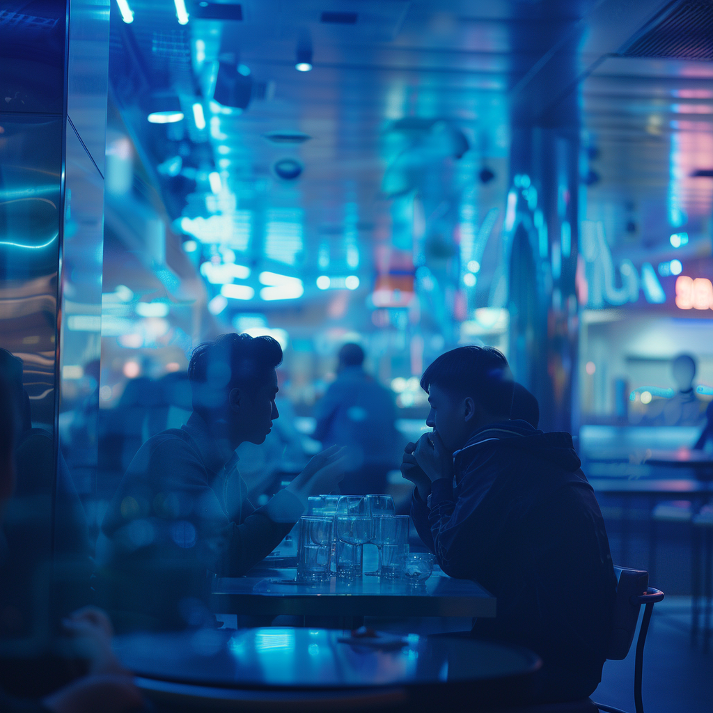 Cinematic Still, Futuristic AI technology mingling humans in leisure activities, Inside thriving concept lounge, Hued blue gradient enhanced with silver linings, Shot taken on a Fujifilm X-T4 with a 35mm F1.4 Prime Lens, set to f/2.8 for bokeh, ISO at 800, shutter speed at 1/60 second, Harsh yet controlled neon lighting bouncing off metallic surface, Strong foreground elements leading to a captivating background, Pulsating visual elements, Smearing motion blur for 'time-suspension' effect, Glowing nodes and threads representing AI technology, Mimic the sense of looking into future, parameters: 16:9 aspect ratio.