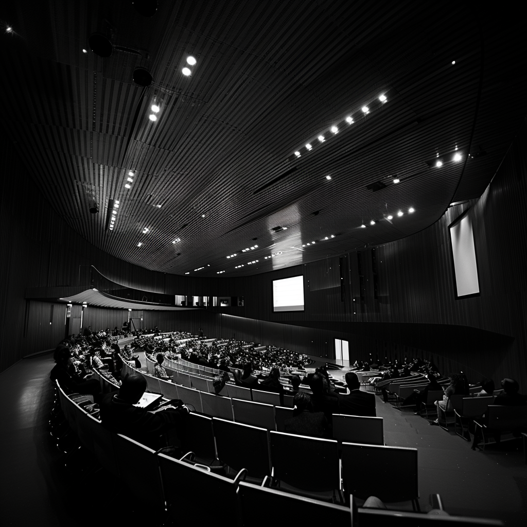 Wide Angle Shot, Ethical dilemma and intellectual excellence confronting, Inside a Futuristic Conference Hall, Stark Contrast Black and White, Canon EF 16-35mm f/2.8L III USM Lens, Chiaroscuro Lighting, Subjects Centred on Rule of Thirds Grid, Soft focus on audience, Parameters: ISO 200, 1/100 sec at f/2.8.