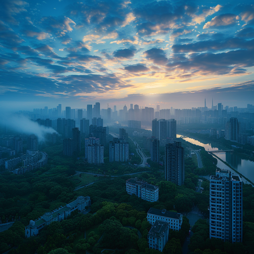 Panoramic Landscape Photography, Artificial intelligence-themed cityscape integrated with sustainable environmental elements, Urban setting with nature infusion, Palette of blues and greens with hints of metallic hues, Shot with a Canon EOS 5DS R with a Sigma 24-70mm F2.8 DG DN Art lens, Early morning ethereal lighting, Rule of thirds applied with emphasis on interface between technology and ecology, Striking contrast between innovative AI structures and lush greenery, saturation increased in greens to emphasize the importance of sustainability, highlights brought down to accentuate metallic buildings, ISO 100, aperture f/8, shutter speed 1/250s.