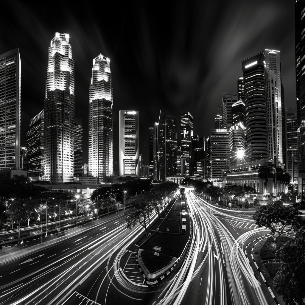 Panoramic Shot, AI Innovation: Tech Giants' Race + Ethical Future of Humanity, Urban Skyline with Futuristic Architecture, Monochrome with Pops of Neon, Canon EF 14mm f/2.8L II USM Lens, High Contrast, Rule of Thirds with Primary Subjects at Intersection Points, Long Exposure for Light Trails, Settings: f/2.8, Exposure time: 1/60 sec., ISO-200, White balance: Auto, AI elements and Human figurines strategically placed to highlight 'Race and Future', Intricate reflection details on buildings for hyperrealistic appeal, Texture emphasis, Parameters: 16:9 aspect ratio.