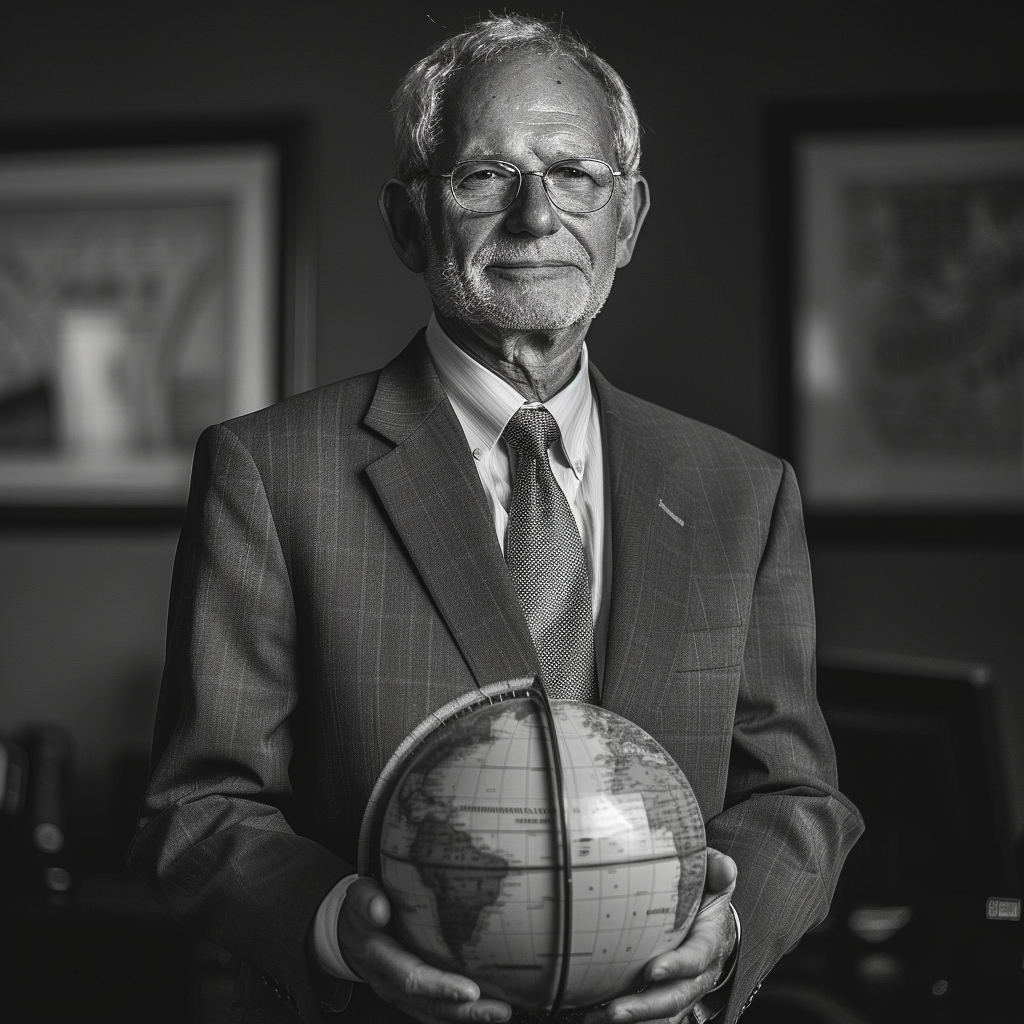 Portrait Photography, David Sacks leading tech revolution, Industrial Tech Office Background, Monochromatic Color Scheme, Nikon D5 with a 50mm f/1.8 lens, Key Light + Fill Light setup, Rule of Thirds Composition focused on David Sacks, David wearing a tailored suit while holding a globe in his hands, Parameters: ISO 100, f/1.8, 1/200th shutter speed.