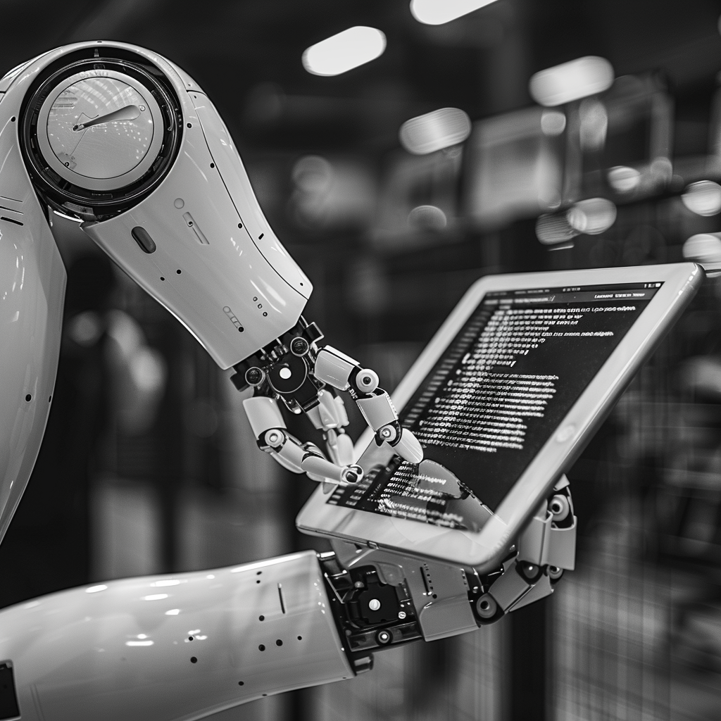 Wide Angle Photo, Robotic Arm Holding Digital Tablet Displaying Code, Modern Tech Office Setting, Monochrome Color Scheme, Shot on Canon EOS 5D Mark IV with 35mm f/1.4L II USM lens, Spot Lighting on Subject, Rule of Thirds Composition, Surface Reflections on Digital Tablet, parameters: f/2, 1/500s, ISO 200, WB Auto.