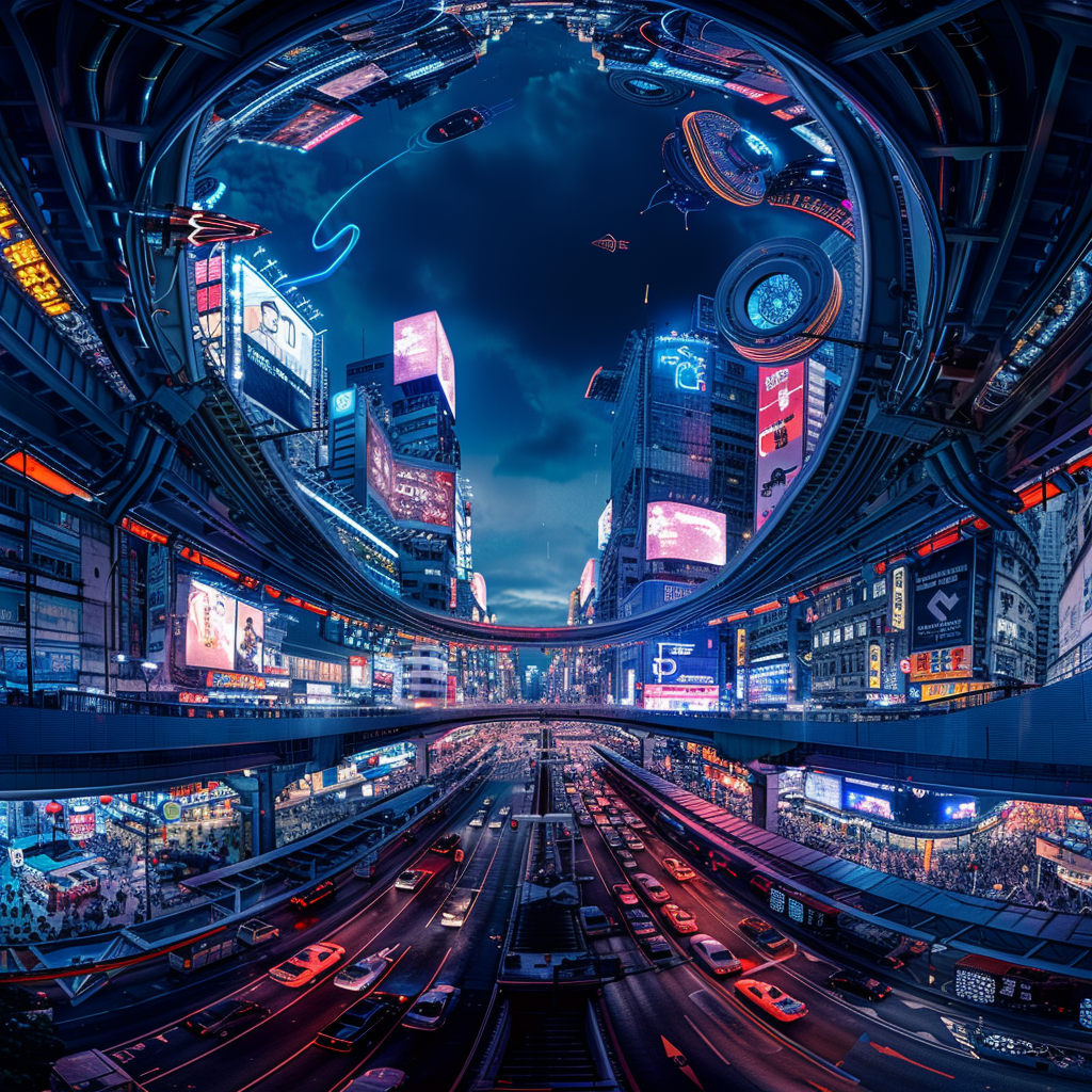 Panoramic shot, futuristic AI-human hybrid workforce, a bustling cityscape, vibrant neon color palette, Sigma 14-24mm f/2.8 DG HSM Art lens on a Nikon D850, twilight ambiance, asymmetric balance between human elements and artificial intelligence structures, focus on high-tech constructs signifying advanced AI, bold contrasts to represent the duality of the shift in paradigm, parameters: 16:9 aspect ratio.