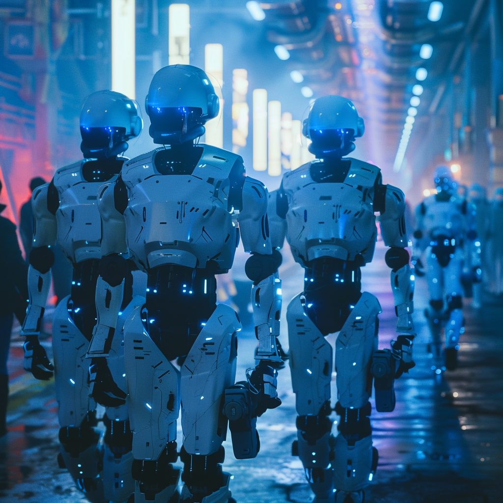 Wide-shot, advanced language model robots transforming and revealing hidden risks, futuristically urban environment cloaked in layers of uncanny reality, monochromatic blues with flashes of menacing reds, shot with Canon EOS 5D Mark IV, utilizing EF 24-105mm f/4L IS USM lens, camera settings at ISO 200 with shutter speed at 1/125 sec and f-stop at f/8, lighting scheme balancing on dramatic chiaroscuro to highlight the imposing threat and the breakthrough prowess of robots, composition focusing on rule of thirds placing the robots in left and right grid leaving the centre for the unfolding action, rendering of lens flare as an added effect, tracing the path of artificial intelligence from creation to incipient risks, depth of field parameters adjustable for viewer immersiveness, intensive use of contrasting shadows and highlights.