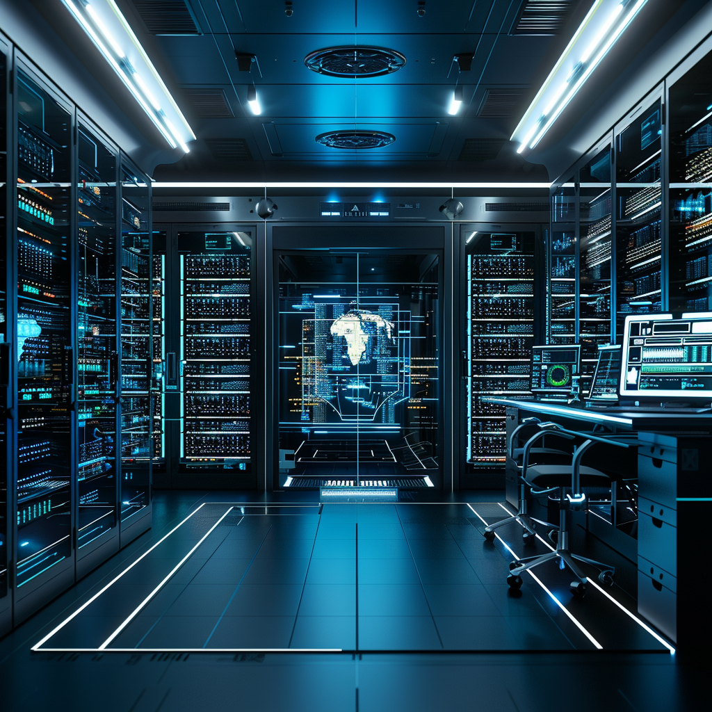 Wide Angle Shot, Artificial Intelligence Systems in Evaluation Process, Futuristic High-Tech Office or Laboratory, Monochromatic Color Scheme with Blue Accents, Nikon D850 with Nikkor 16-35mm f/4G Lens, Low Key Lighting Technique Accented with Spotlights, Rule of Third Composition with Focus on Central AI System, Detailed Server Racks, Coding Scripts, Security Shields and Minimal Human Interface, parameters: ISO 200, Aperture f/11, Shutter Speed 1/60s, White Balance Auto, Noise Reduction On