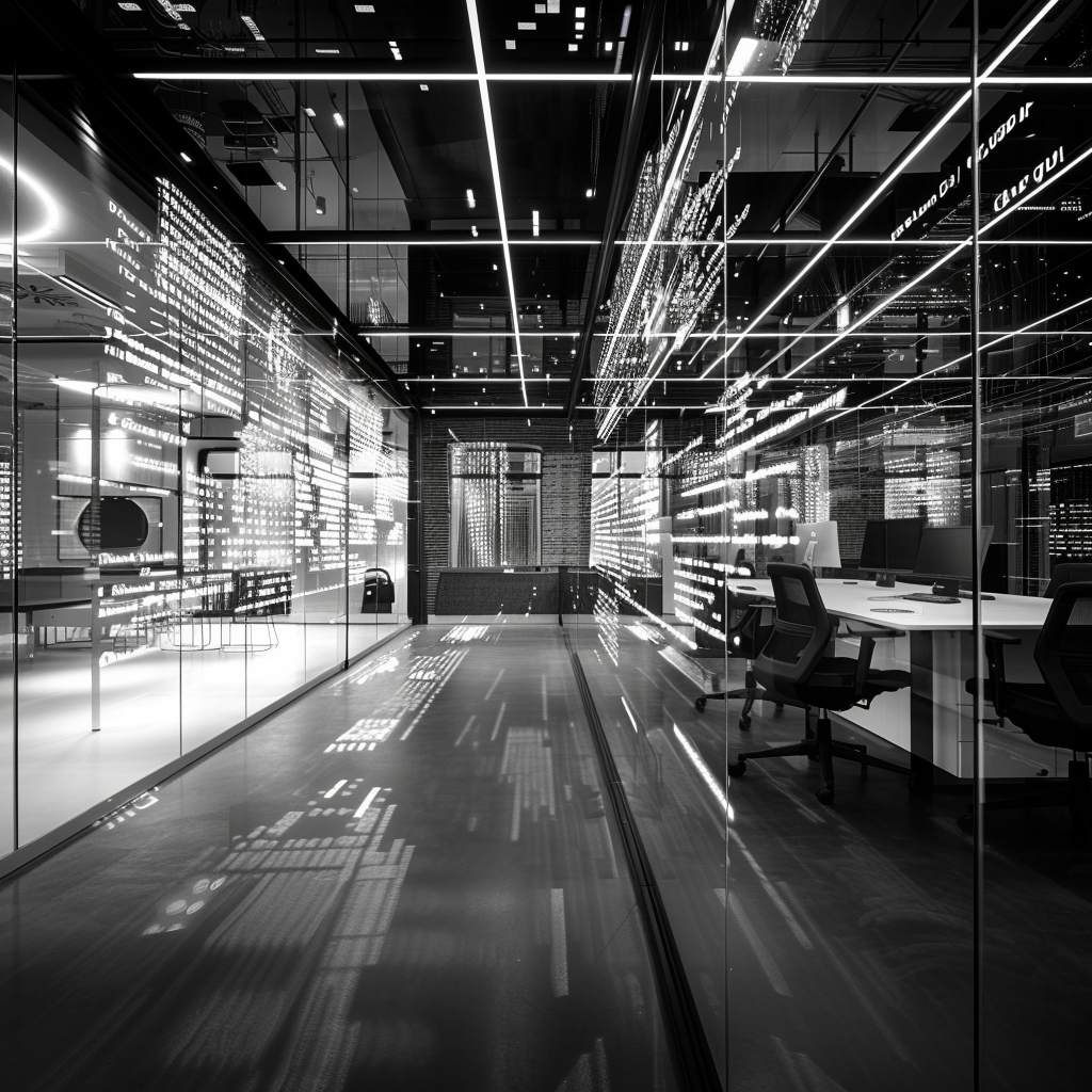 Wide Angle Shot, Futuristic AI Writing, High-tech Digital Office, Monochrome with Neon Accents, Canon EF 16-35mm f/2.8L III USM Lens, Natural window light, supplemented with LED panels, Rule of Thirds with AI as Focal Point, Shallow Depth of Field, Visible Code Strings as AI Works, ISO 200, Aperture f/2.8, Shutter Speed 1/50 sec, AI Transformation Illustrated