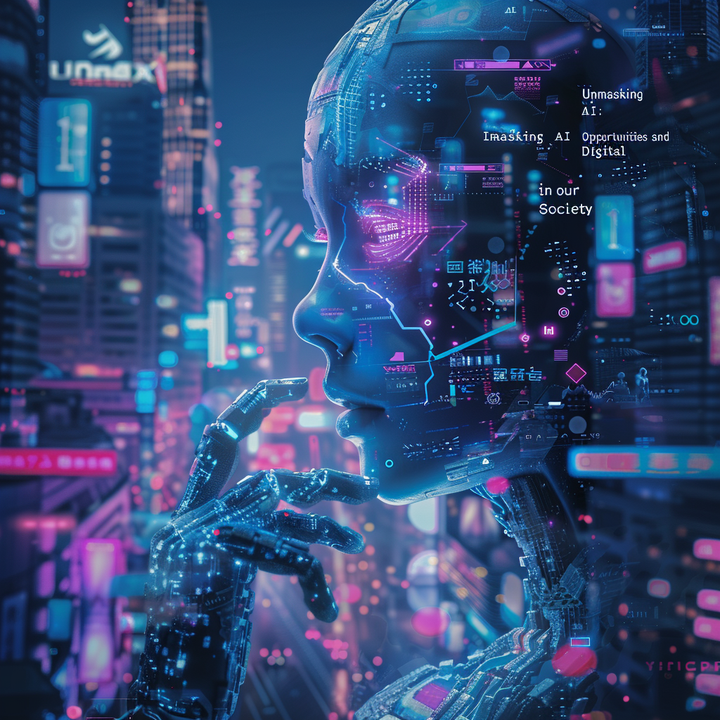 Wide-screen format (16:9), "Unmasking AI: Opportunities and Risks in our Digital Society" theme, Digital cityscape backdrop, Vibrant cyberpunk hues, Nikon D800 with Nikon AF-S NIKKOR 28mm f/1.8G lens, Low light with neon highlights, Rule of thirds composition, Key details: AI humanoid, unmasking itself revealing digital face, binary code flowing from fingers, Dramatica parameters, Depth of Field: f/16, Shutter Speed: 1/80s, ISO 100.