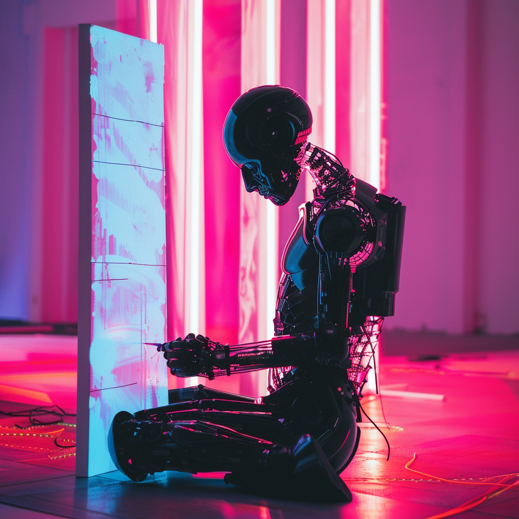 Conceptual Photography, Futuristic Cyborg engaging in Art, Futuristic Studio setup, Infrared color scheme, Shot with Canon EOS R5 (RF 50mm F1.2 L USM), Harsh Neon lighting, Rule of thirds with Cyborg in the center, Cyborg should be painting abstract art on a canvas showing expressiveness, Full aperture (F1.2), Shutter speed at 1/100th of a second, ISO 100, parameters: vibrant, high contrast, excessive sharpness, filled frame.