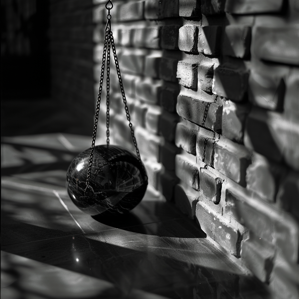 Photojournalistic Edition, Truth Scales, Pressured Documents, Brick Wall Background, Noir Color Scheme, Leica M10-P with Summicron-M 35mm f/2 ASPH, Aperture f/4.0, Shutter Speed 1/180s, ISO 400, Natural Light with Strong Shadows, Rule of Thirds Composition, Focus on Crystal Ball, Subtle Film Grain, Digital Infrared Conversion, In-camera Double Exposure.