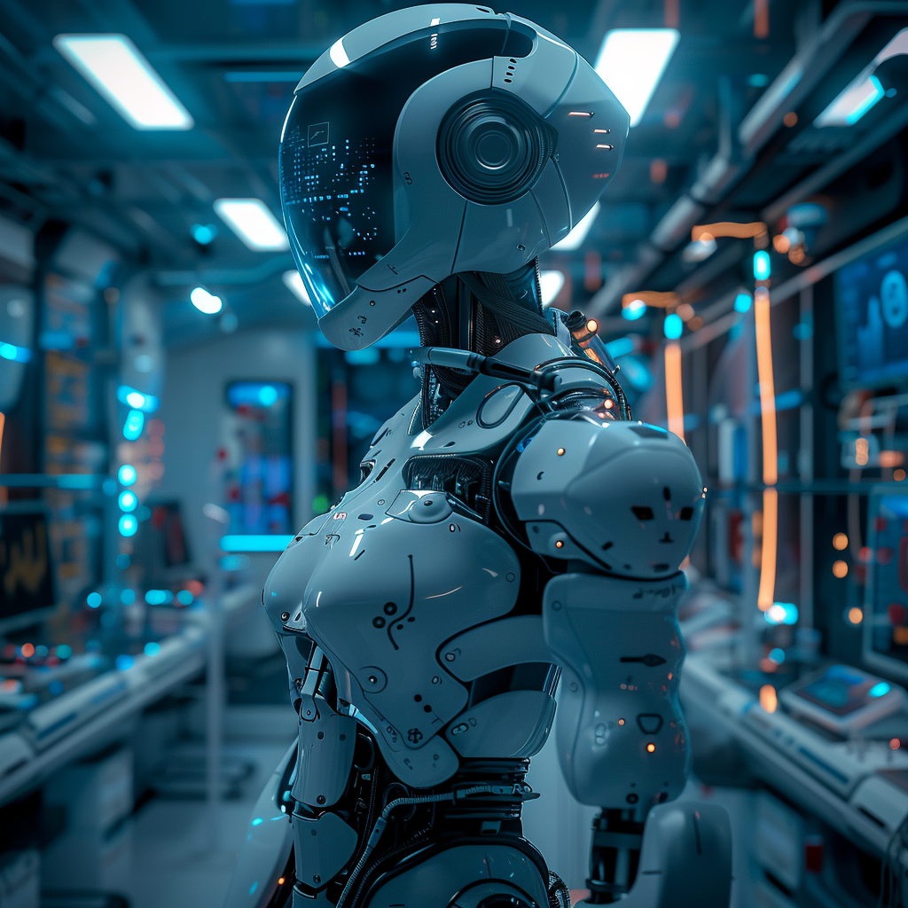 Conceptual photography, Artificial Intelligence personified as a futuristic humanoid, High-tech laboratory, Monochromatic blue, Canon 5D Mark IV with Canon EF 24-70mm f/2.8L II USM lens, Low Key Lighting with High contrast, Centered composition highlighting the AI, Additional details of complex algorithms, holographic screens and neon circuits, ISO 100, Aperture f/2.8, Shutter Speed 1/200 sec, White Balance - Tungsten.