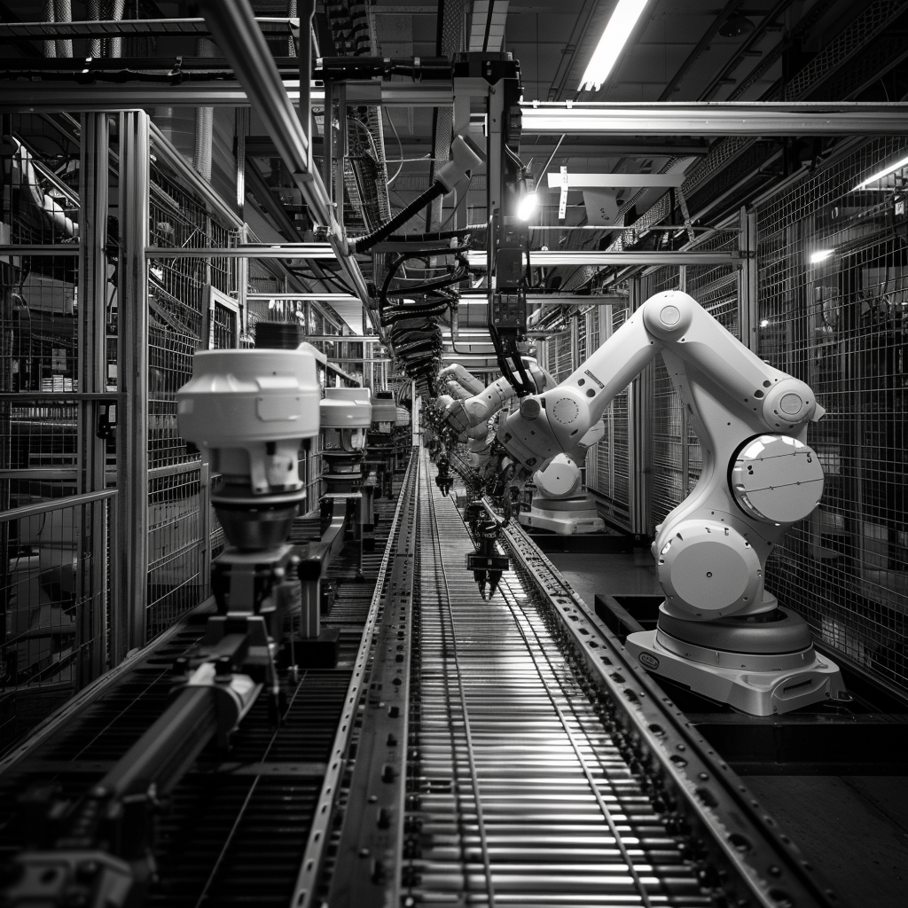 Wide-Angle Shot, Autonomous Robots Learning, Industrial Environment, Monochromatic Color Scheme, Nikon D5 with Nikkor 14-24mm f/2.8 lens, Strategic High Contrast Lighting, Rule of Thirds Composition, Detailed Machine Structures, Focusing Parameters: Aperture f/11, Shutter Speed 1/200s, ISO 100, Matrix Metering, Continuous Autofocus Mode.