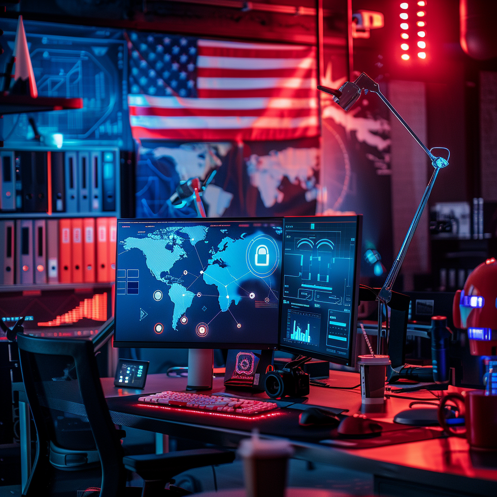 16:9 Digital Photograph, Artificial Intelligence Conceptual Representation, Office with National flags and Security equipment, Dual Tone Color Scheme (Blue and Red), shot on Canon EOS 5D Mark IV using EF 24-70mm f/2.8L II USM Lens, Low Key Lighting, Rule of Thirds Composition, Focus on a split screen computer showcasing Innovation (depicted by advanced algorithms, code, graphs) on one side and National Security (Symbolized by Lock, Eye Scan, Shield) on the other, increased clarity, scale parameter: real life, Additional elements: AI humanoid robot, visibly intricate gears, binary code overlay, facial recognition interface, digital world map, subtle lens flares for a futuristic touch, shallow depth of field, ISO 1600, and a shutter speed of 1/60s, parameters: depth map, style transfer, semantic map.