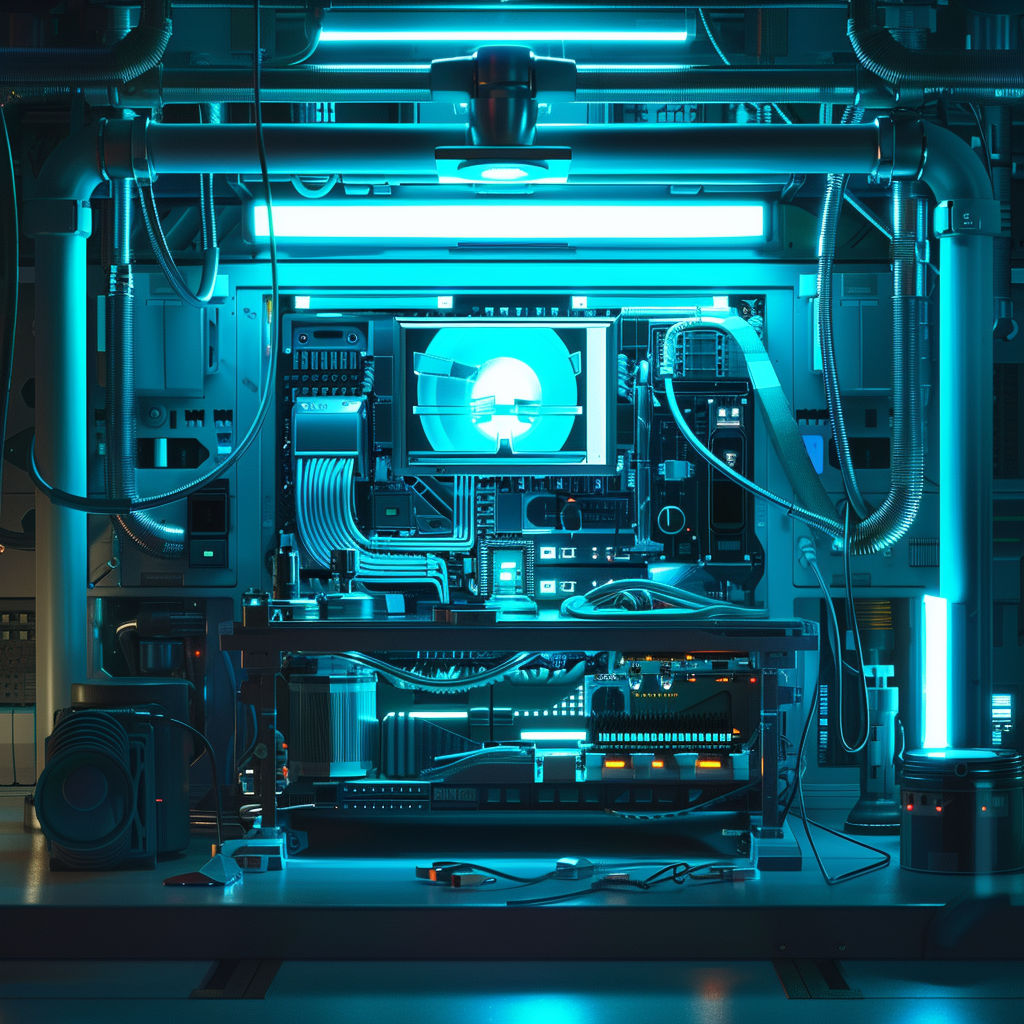 Conceptual Art, Supercomputer + Inventing Futuristic Technology, Minimalist Science Lab, Cyan and Chrome Color Gradient, Nikon D850 with 24-70mm f/2.8 lens, Low Key Lighting with Specular Highlights, Rule of Thirds Framing with Focus on Supercomputer, Visible Wires, Glowing Lights, Details of Computer Hardware, Intriguing Shadows, Isolated in the Center, parameters: 16:9 format, 36.3 MP, ISO 100, f/2.8, 1/30 sec.