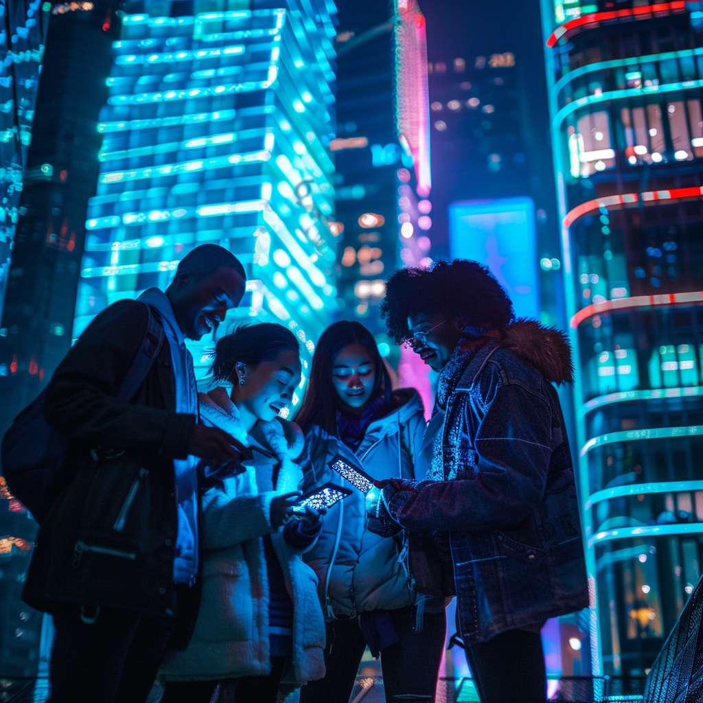 Editorial Photo, AI Personal Finance Apps Surrounding Huddled Group, Urban Rooftop Setting, Economic Blues and Artificial Intelligence Neons, 35mm f/1.4 Lens on a Nikon Z6, Soft Ambient City Light with High Contrast Neon Highlights, Central Focus on Group Framed by Skyscraper Silhouettes, Heightened Clarity, Boost Saturation of Blues and Neons, Reduced Highlights for Evening Mood, parameters: ISO 400, Shutter speed 1/60s, Aperture f/1.4, Focal length 35mm, White Balance Auto, Picture Style Vivid.