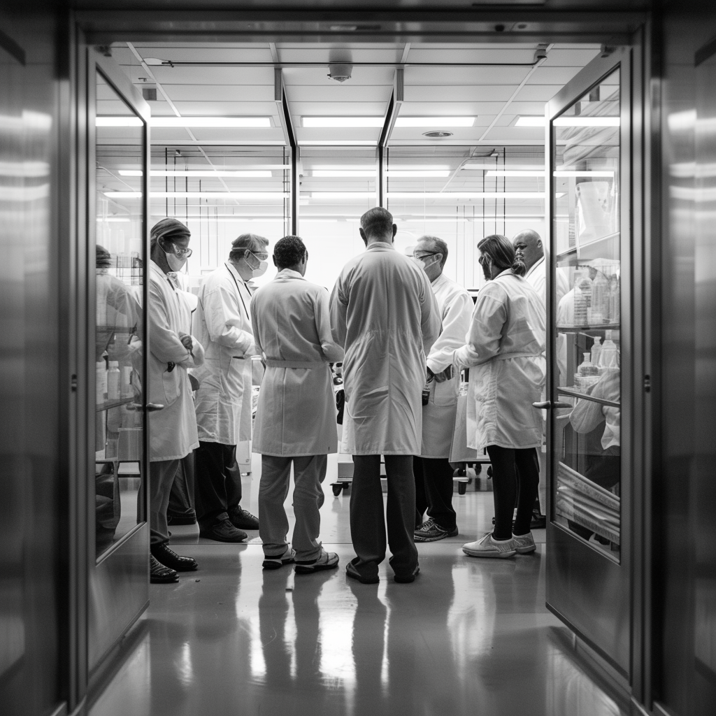 Wide-angle Shot, Huddled Group of Scientists + Massive Resignation Letters Displaying, Corporate Laboratory Interior, Monotone Grayscale Coloration, Canon EOS 5D Mark IV + EF 16-35mm f/2.8L III USM Lens, Flash Bounced off Ceiling for Soft, Diffuse Lighting, Rule of Thirds Composition, Foreground - Intensely Detailed Resignation Letters, Midground - Expressive Scientists in Sharp Detail, Background - Out-of-focus Lab Equipment, Shutter Speed: 1/60 sec, Aperture: f/2.8, ISO: 400, Continuous AutoFocus with Center Point Priority, RAW Image Format.