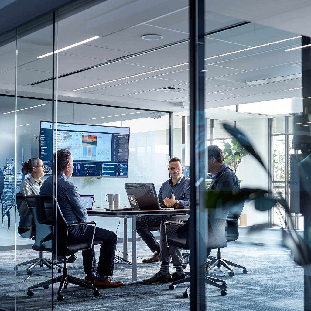 Panoramic Portrait, Tech Pioneers Interacting, Modern Glass and Steel Office, Blue, Grey and White Palette, Canon EOS 5D Mark IV with EF 24-105mm f/4L IS USM Lens, Natural Light Augmented with Softbox, Rule of Thirds Composition, Additional Details: Complex Mathematical Algorithms Visible on Multimedia Screens, Frosted Glass Reflecting Subjects, Subjects Exuding Seriousness and Determination, Parameters: F-stop: f/4, Exposure time: 1/60 sec., ISO-100, Focal length: 50mm.