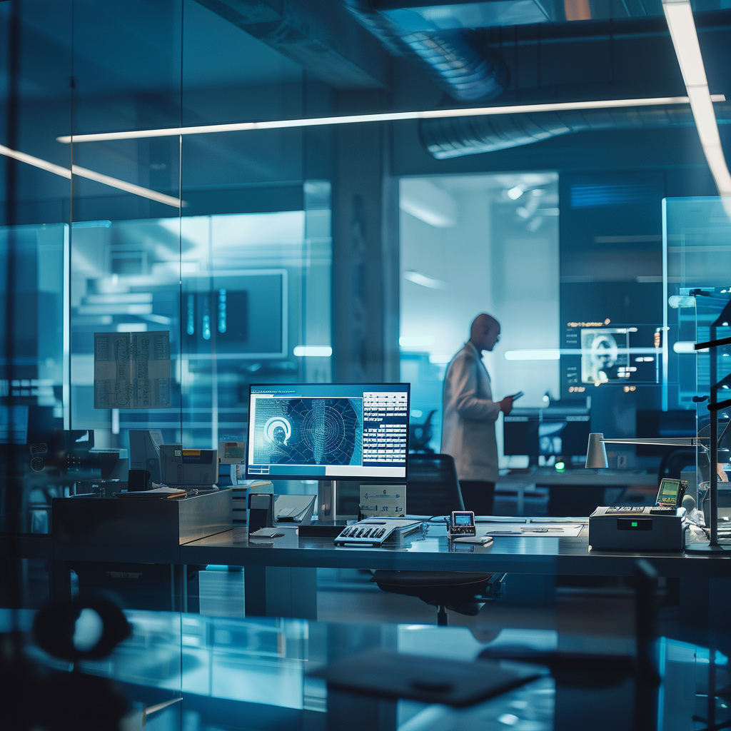 Cinematic Still, Artificial Intelligence Scanning Banknotes, Futuristic Tech-Driven Office, Cool Blue and Metallic Greys, Nikon D850/35mm Nikkor Lens/Fuji Provia 100F, Spot Lighting, Rule of Thirds with AI as Primary Focus, High Contrast Rendering, 16:9 aspect ratio, 1/200 sec f/8 ISO 100, Depth of Field to highlight foreground, Gritty Textural Details.