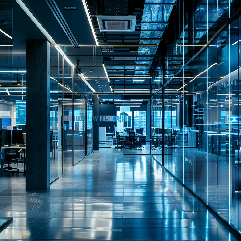 Landscape Orientation, Artificial Intelligence and Copyright issues as main subjects, Hi-tech office environment featuring quantum computers and legal documents, Cool Blue and Metallic Silver color scheme, Shot on Canon EOS 5D Mark IV with Canon EF 24-70mm f/2.8L II USM lens, Natural and LED Lighting mix creating high contrast, Rule of thirds composition with key elements on intersection points, Shallow depth of field, low ISO for grain-free image, high shutter speed to capture details, parameters set to offer a sense of escalating tension.